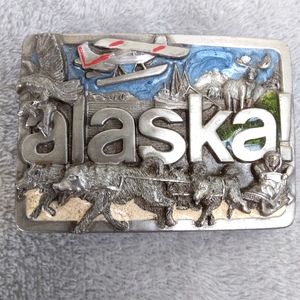 ALASKA MONTAGE BELT BUCKLE VINTAGE J&H SALES 1984 EAGLE BOBSLED PLANE MOOSE RARE